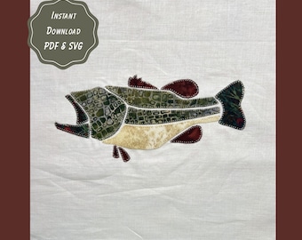 Largemouth Bass Fish Patchwork Applique Sewing Pattern | 3 Printable PDF Sizes + SVG Cut File | Lake Life | Quilt Block | Fisherman Gift