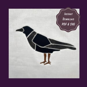 May include: A graphic illustration of a crow composed of segmented black and dark gray shapes with white stitched outlines. The bird has brown legs and feet. A dark purple scalloped badge in the upper right corner contains the text INSTANT DOWNLOAD PDF & SVG.