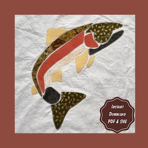 Jumping Trout Fish Patchwork Applique Sewing Pattern | 3 Printable PDF Sizes + SVG Cut File | Rainbow, Brook | Lake Life | Folk Art