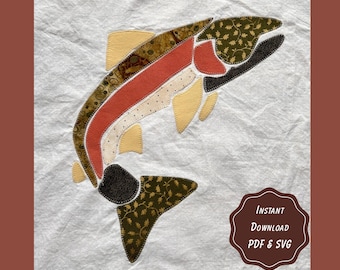 Jumping Trout Fish Patchwork Applique Sewing Pattern | 3 Printable PDF Sizes + SVG Cut File | Rainbow, Brook | Lake Life | Folk Art