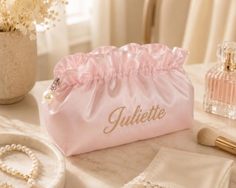 Custom Name Embroidered Cosmetic Bag, Personalized Embroidered Ruffled Cloud Makeup Bag, Travel Makeup Pouch, Wedding Party Favors