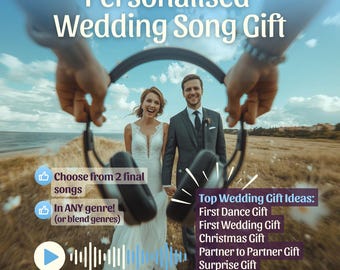 Puede incluir: Imagen promocional de un regalo de canción de boda personalizado. La imagen presenta a una pareja sonriente con atuendo de boda, enmarcada por auriculares. El texto incluye "Regalo de canción de boda personalizada" e ideas de regalo.