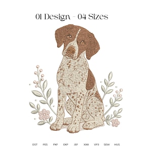 May include: An embroidery design featuring a brown and white spotted dog sitting centered, flanked by two floral sprigs with small pink flowers and leaves. The text 01 Design - 04 Sizes appears at the top, with file formats DST, PES, PXF, EXP, JEF, XXX, VP3, SEW, HUS listed below.