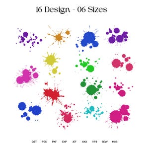 Puede incluir: Un fondo blanco presenta 16 salpicaduras de pintura coloridas en varios diseños y tamaños. Las salpicaduras son en tonos de morado, naranja, azul, verde, rosa, amarillo, rojo y turquesa. El texto "16 Design - 06 Sizes" está en la parte superior.