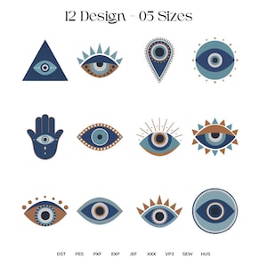 Könnte beinhalten: Eine Sammlung von zwölf Augendesigns in verschiedenen Formen, darunter Dreiecke und Kreise. Die Designs verwenden Blau-, Braun- und Weißtöne. Der Text "12 Design - 05 Sizes" steht oben, und Dateityp-Abkürzungen stehen unten.