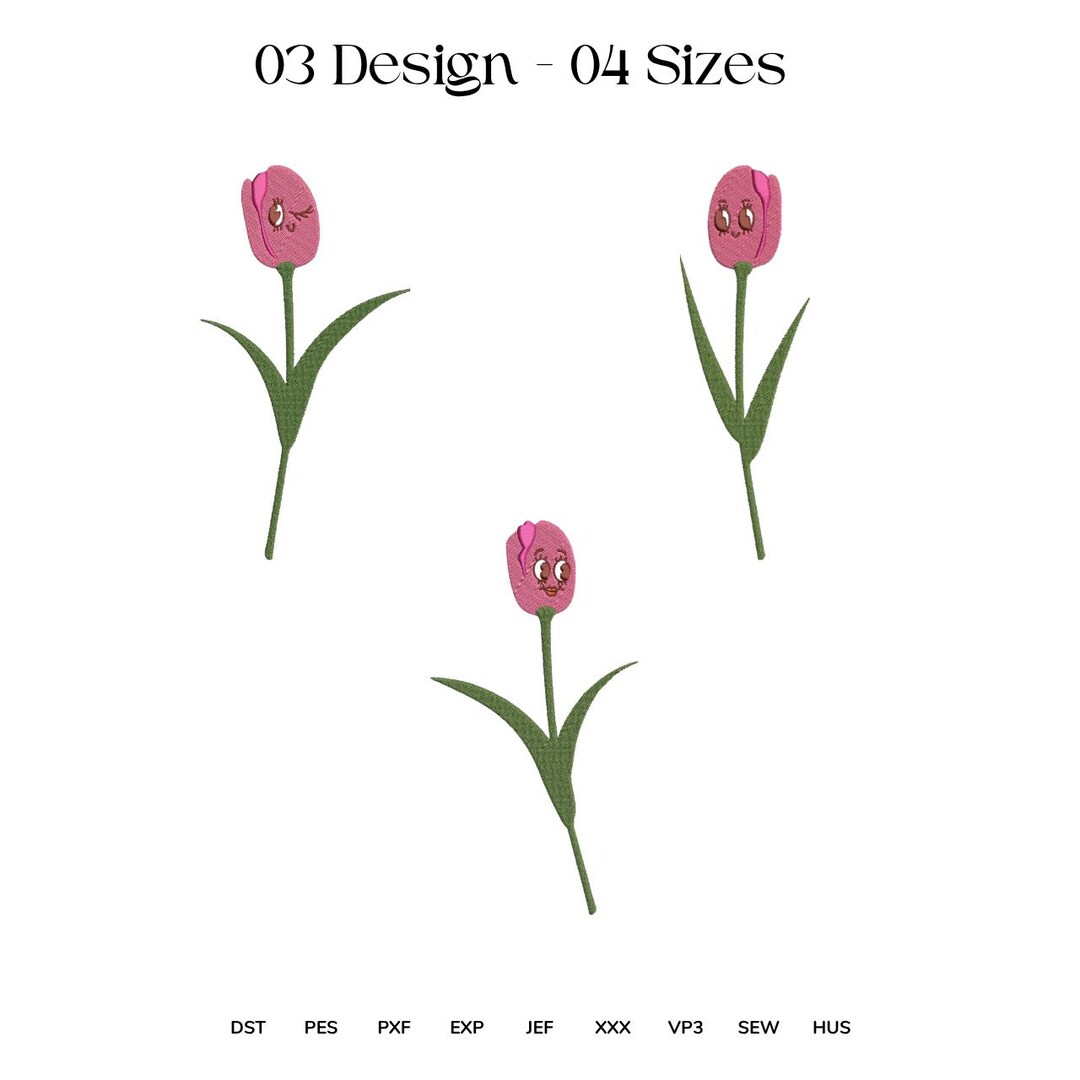Pink Tulip Flower Embroidery Design, Spring Bouquet With Ribbon ...