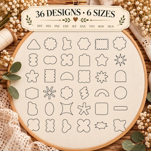 May include: An embroidery hoop containing a fabric sheet printed with 36 black outline shapes in various geometric and organic forms. The top label reads 36 DESIGNS 6 SIZES with file formats DST, PES, PXF, EXP, JEF, XXX, VP3, SEW, and HUS listed below.