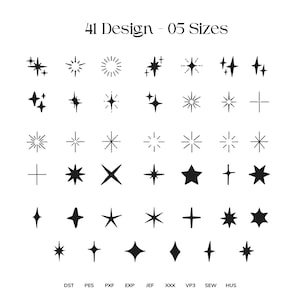 Puede incluir: Una colección de 41 iconos negros de estrellas y destellos dispuestos en una cuadrícula, con diversas formas geométricas, puntas y rayos. El texto 41 Design - 05 Sizes aparece arriba, y los formatos DST, PES, PXF, EXP, JEF, XXX, VP3, SEW, HUS abajo.