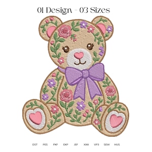Teddy Bear Embroidery Design, Floral Teddy Bear Embroidery Design, Baby Nursery Vintage Style, Instant Download dst,des, exp, jep, vp3