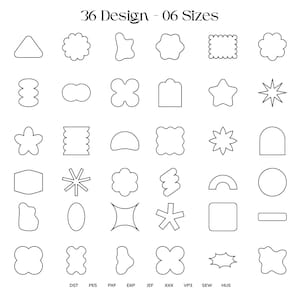 May include: A black and white graphic featuring 36 unique designs in various shapes, including stars, circles, and abstract forms. The text at the top reads "36 Design - 06 Sizes." The bottom of the image displays file format abbreviations.