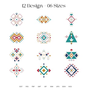 May include: A white background displays 12 geometric designs in various colors, including red, teal, gold, and navy. The designs are arranged in three rows of four. Text at the top reads "12 Design - 06 Sizes". Below are file format abbreviations.