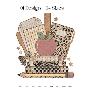 May include: An embroidery design featuring a stack of books, a pencil, a ruler, and an apple. The books have leopard print and checkered patterns. A bow with leopard print is attached to the side. Text reads 01 Design - 04 Sizes, DST, PES, PXF, EXP, JEF, XXX, VP3, SEW, HUS.