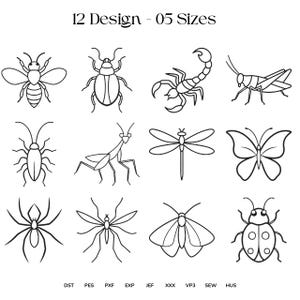May include: A collection of 12 insect designs in black and white, including a bee, beetle, scorpion, grasshopper, dragonfly, butterfly, spider, mosquito, moth, and ladybug. The text "12 Design - 05 Sizes" is at the top, with file type abbreviations at the bottom.