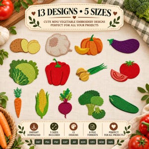 Op de afbeelding: Een collectie van 13 geborduurde groenteontwerpen waaronder aardappel, knoflook, pompoen, aubergine, sla, paprika, ui, tomaat, wortel, maïs, biet, broccoli en komkommer, met de tekst 13 DESIGNS 5 SIZES.