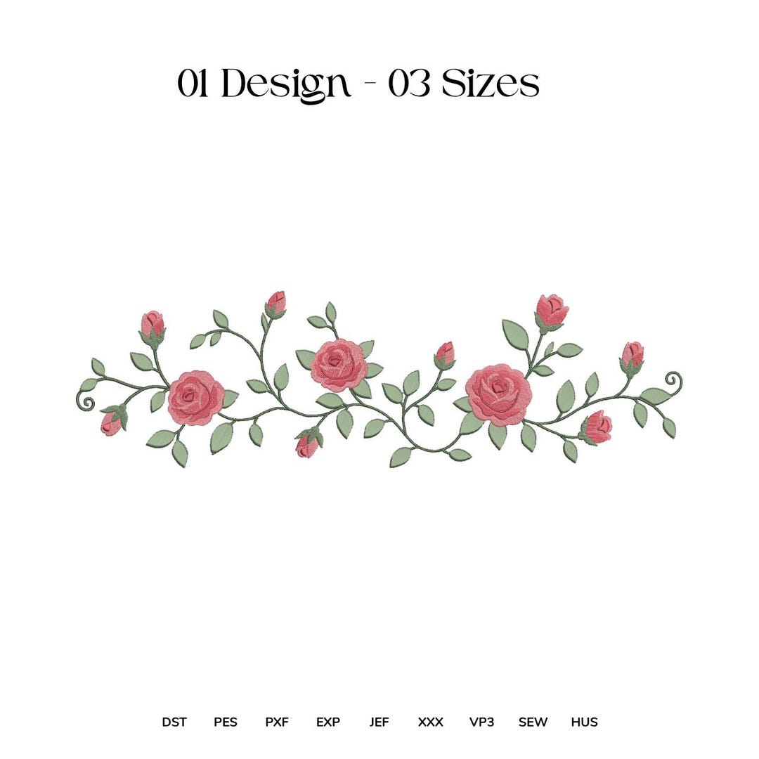 Rose Border Embroidery Design Cute Pink Rose Vine Garland Embroidery rose-border-embroidery-design-cute-pink-rose-vine-garland-embroidery