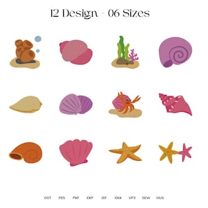 Könnte beinhalten: Eine Sammlung von zwölf farbenfrohen Designs zum Thema Meer, darunter Muscheln, Korallen, Seesterne und eine Krabbe. Die Designs sind in verschiedenen Formen und Farben gehalten, mit dem Text "12 Design - 06 Sizes" oben.