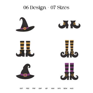 May include: A digital collection of 06 Design - 07 Sizes embroidery patterns featuring two black witch hats with purple bands, and four pairs of curled-toe boots, some paired with black and gold or black and purple striped stockings. Includes file formats.