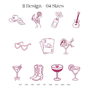 May include: A collection of 11 line art designs in a pink hue, including a cowboy hat, a golf swing, a champagne bottle, a guitar, heart-shaped sunglasses, playing cards, a woman in a martini glass, a martini, cowboy boots, a cocktail, and a margarita.