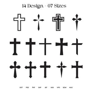 May include: A collection of fourteen different cross designs in black, displayed on a white background. The crosses vary in style, from simple outlines to solid shapes. Text at the top reads "14 Design - 07 Sizes". Below the crosses are file format abbreviations.