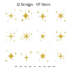May include: A collection of twelve gold star designs in various shapes and sizes, arranged on a white background. The text "12 Design - 07 Sizes" is at the top. Below the stars are file format abbreviations: DST, PES, PXF, EXP, JEF, XXX, VP3, SEW, HUS.