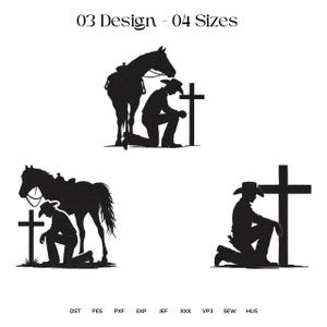 May include: Black silhouette designs featuring a cowboy kneeling in prayer before a cross, with a horse standing nearby. The text "03 Design - 04 Sizes" is at the top. Below are file type abbreviations.