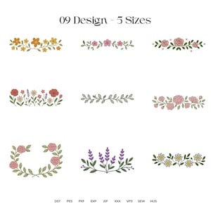 May include: An image showcasing nine floral design options in various styles. The designs include flowers, leaves, and vines in colors like yellow, pink, purple, and green. Text at the top reads "09 Design - 5 Sizes."