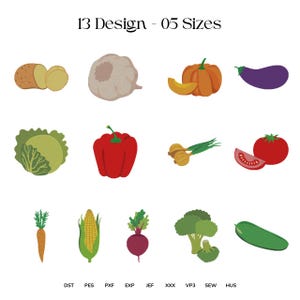 Mini Gemüse Stickmuster: 13 Gemüse Stickmuster Maschinendateien (Instant Download)