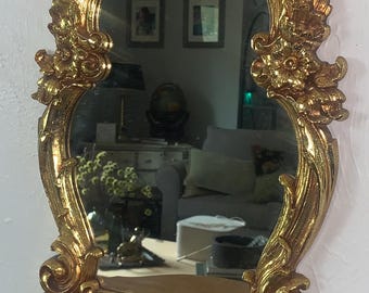 1970 Vintage Gold Syroco Art Wall Mirror with Integrated Shelf, Rococo Hollywood Regency Decor, Ornate Gilt Wall Pocket, Homco