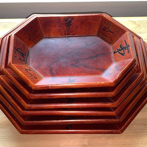 Vintage Korean Nesting Serving Bowls,Set of 6, Wooden Lacquerware, Stackable