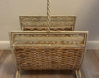 Vintage Wicker Rattan Magazine Rack Basket, French Cottage Core Style
