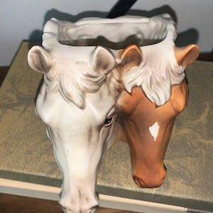 Vintage Inarco Ceramic Double Horse Heads Planter Stallion Gold White Horses