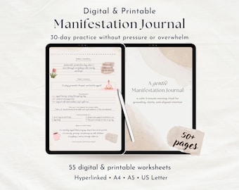 Può includere: Diario di manifestazione digitale e stampabile visualizzato su due tablet. Il diario include 55 fogli di lavoro digitali e stampabili, con una pratica di 30 giorni. È progettato per radicamento, chiarezza e intenzione allineata.