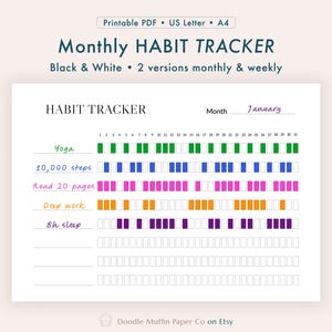 Könnte beinhalten: Ein schwarz-weißes Habit Tracker-Druck-PDF mit dem Text "Monthly HABIT TRACKER". Der Tracker enthält Abschnitte für Yoga, 10.000 Schritte, Lesen, Deep Work und Schlaf, mit einem Januar-Kalender.