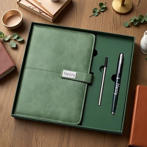 Set de diario de piel personalizado, libreta A5 de piel vegana con iniciales, regalo único para él o ella, diario personalizado