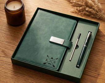 Gepersonaliseerde leren notitieboekje en pennenset, op maat gegraveerd dagboek, leren A5-notitieboekje voor afstuderen, nieuwe baan, eindejaar, bedankje