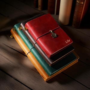 May include: A collection of leather journals in shades of red, brown, green, and tan. The red journal is inscribed with the name "Lily" and features a crown charm. Each journal has a strap closure and brass-toned hardware.