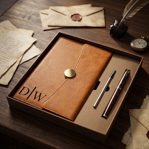 Può includere: Un set di diario e penna in pelle marrone in una confezione regalo. Il diario ha una chiusura con bottone dorato e le iniziali "D/W" in rilievo sulla copertina. Include una penna argentata e una penna marrone. Cancelleria vintage e un orologio da tasca sullo sfondo.