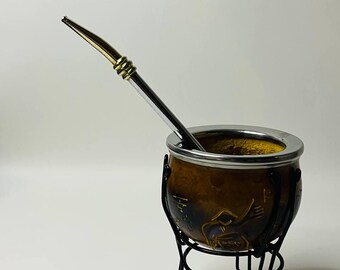 Juego de calabaza para yerba mate vintage con bombilla y soporte – Taza de té de calabaza