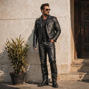 May include: A person wearing a black leather jacket, black trousers, and black boots. The jacket has a zip closure and a notched collar. The person is also wearing sunglasses. A potted plant is in the background.