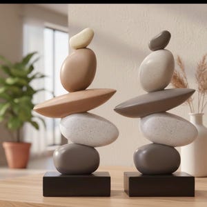 Könnte beinhalten: Zwei dekorative Steinskulpturen. Jede Skulptur zeigt gestapelte, oval geformte Steine in Beige-, Braun- und Grautönen, die auf einem schwarzen rechteckigen Sockel balancieren. Die Skulpturen werden auf einer Holzoberfläche präsentiert.