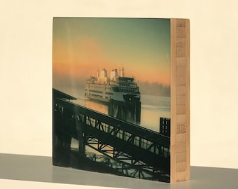 Seattle Bound - Wall Art - Home Decor - Bamboo Photo Block - Epoxy Finish - Washington State Ferry - Pacific Northwest - Sunrise Photograph