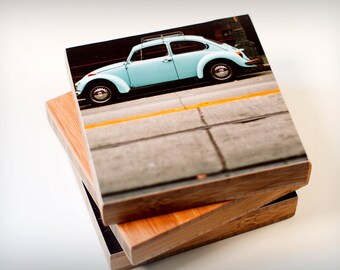 Bamboo Block, wall art, bug, Volkswagen, VW, car, print, photography, street, urban, vintage, man, blue, living room, wood,