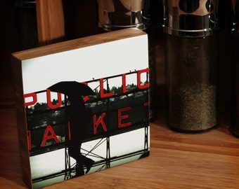 SeattlePublicMarket,photography,Pikes Place, urban, market, seattle, black and white, wall art, print, NW, tourist, red,