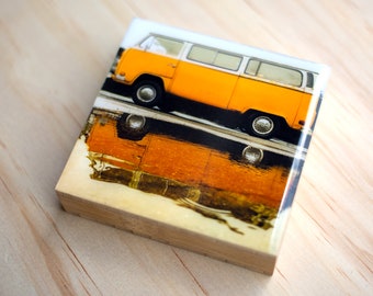 VW Bus Photography,Pacific Northwest Photography,Yellow Wall Art, Yellow Bus, Rainy Day, Reflection