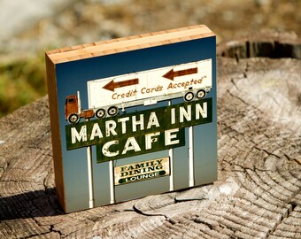 Martha Inn Cafe truck, sign, vintage, cafe, washington, neon, trucker, travel, stop, wall art, photo, photography, bamboo, picture, art,