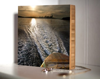 Bamboo Block, Nw, living room, wall art, wood, print, original photography, pacific, nautical, boat, water, city, sunrise, sunset, ferry