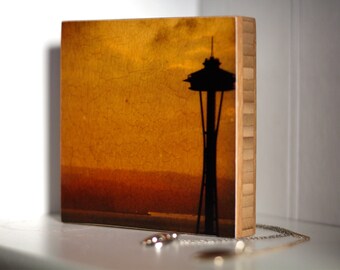 Bamboo Block, Golden Needle, original photography, living room, wall art, seattle, northwest, sunset,  orange, sunrise, building, city