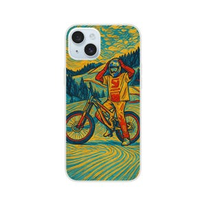 May include: A phone case with a graphic illustration of a mountain biker on a yellow and orange bicycle. The biker wears a yellow shirt with the text "NISSAN" and a helmet. The background shows a mountain landscape in blue and yellow tones.