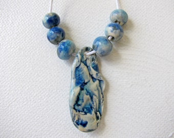 Blues the Hue Abstract Pendant with Bead s- handmade stoneware clay - for necklace - jewelry making - ceramic beads