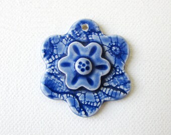 Bright Blue Flower Pendant - Handmade Ceramic Clay - for necklace - jewelry making